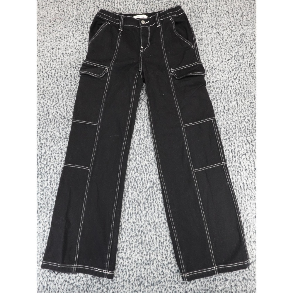 PacSun Black Contrast Stitch Wide Leg Cargo Pants Women Sz S Low Rise Puddle